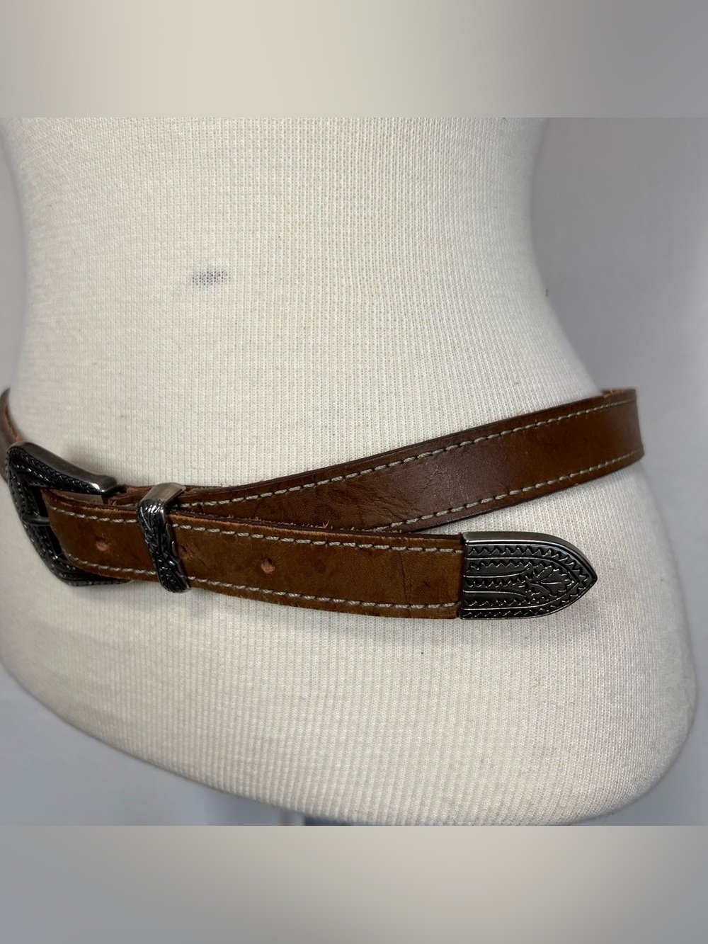Brown Leather Western Belt with Silver Buckle - Picture 6 of 16